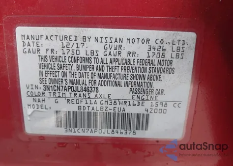 2018 Nissan Versa 1.6 Sv z USA, uszkodzony, nr VIN 3N1CN7AP0JL846378